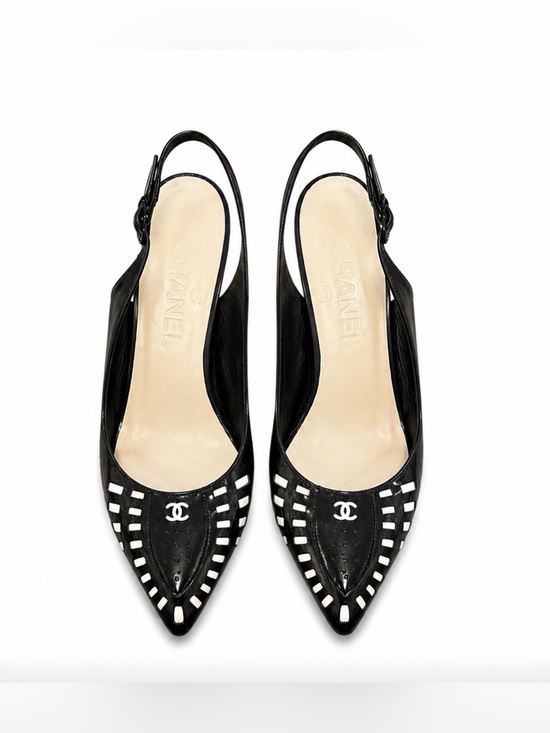 CHANEL Shoes - CHANEL Black & White Logo Slingback Heels 36.5